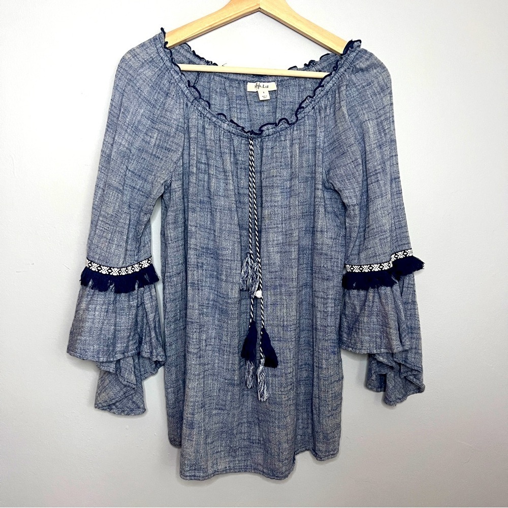 Style & Co. Peasant Off The Shoulder Tassels Bell Sleeve Cotton Blouse Size S